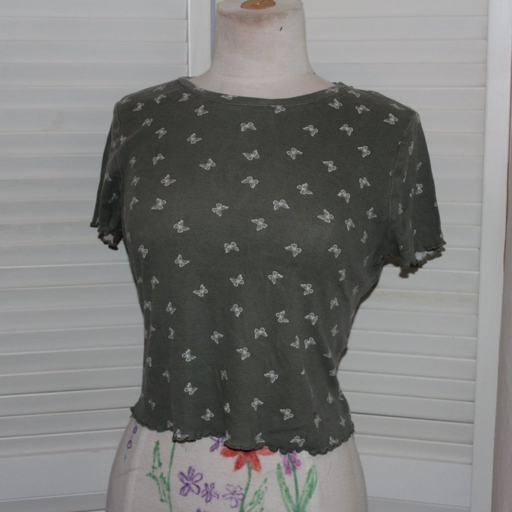 Self Esteem Sage Green w/White Butterflies Crop Top sz XL